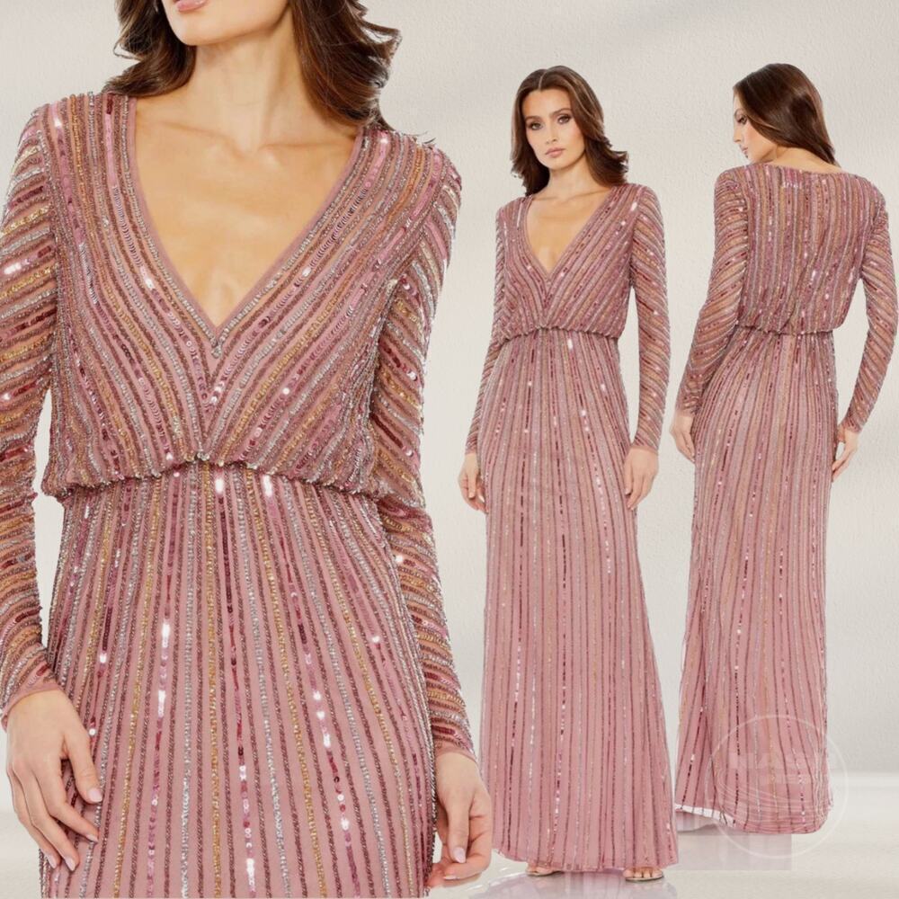 Mac Duggal 10 Sequin, Long Sleeve, V-Neck Gown | Rosewood Pink, Blush 93647 NWT